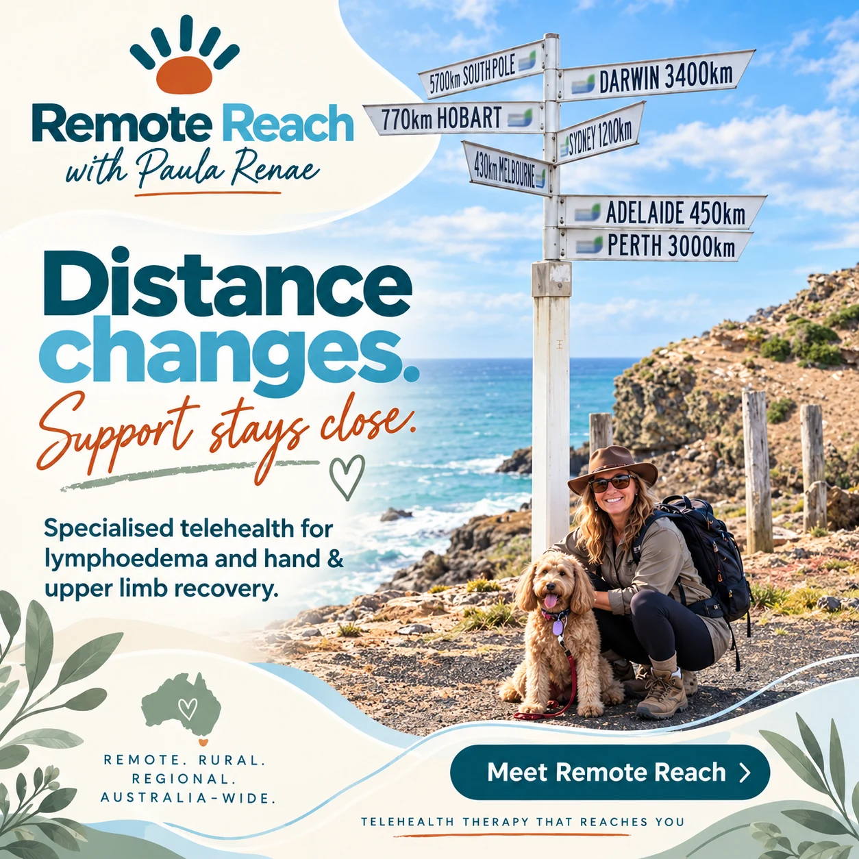 Distance changes. Support stays close. Paula and Tully by the coast, introducing specialised telehealth for lymphoedema and hand and upper limb recovery.