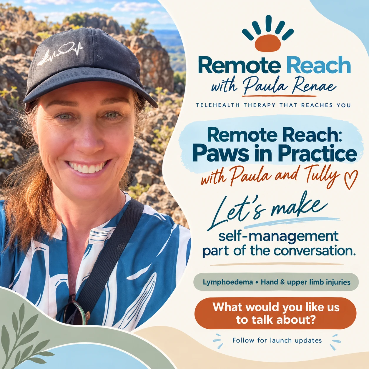 Paula outdoors, inviting conversations about self-management, lymphoedema and hand and upper limb injuries.