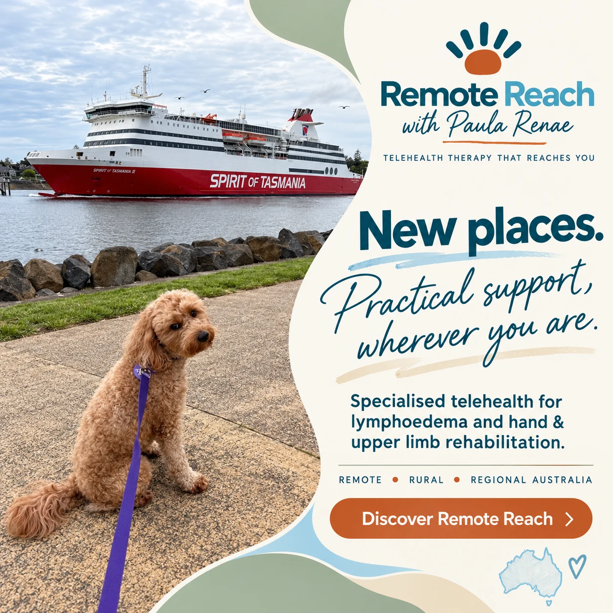 Tully beside the Spirit of Tasmania. New places, practical support, wherever you are. Discover Remote Reach.